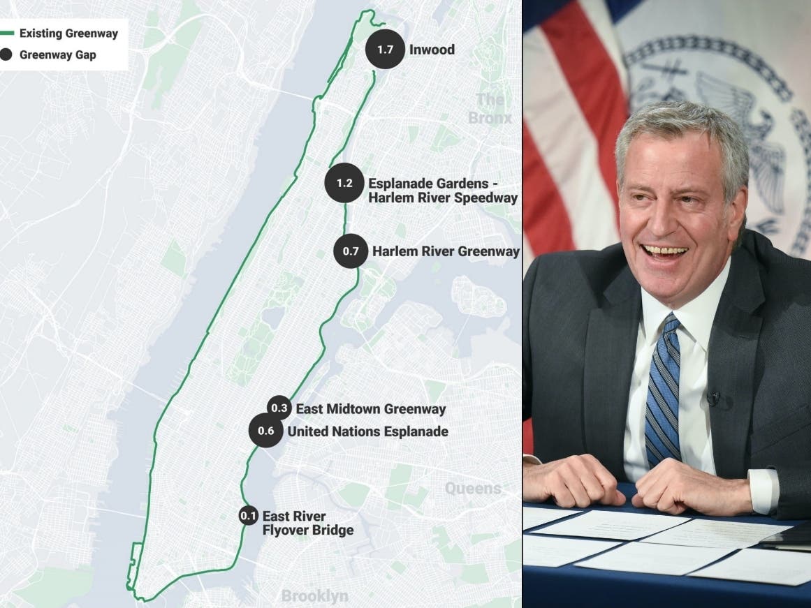 Mayor Bill de Blasio unveiled a $723 million funding commitment Monday to finish the Manhattan greenway, a pedestrian and bicycle path around the entire island of Manhattan.