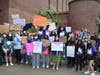 Students and teachers protested Friday outside Hunter College High School after administrators announced that the school would once again hold its controversial entrance exam this year.