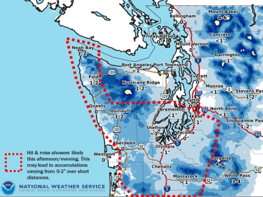 Sporadic rain showers and brief lowland snow are possible in some places Thursday. Many places will see some sun breaks.
