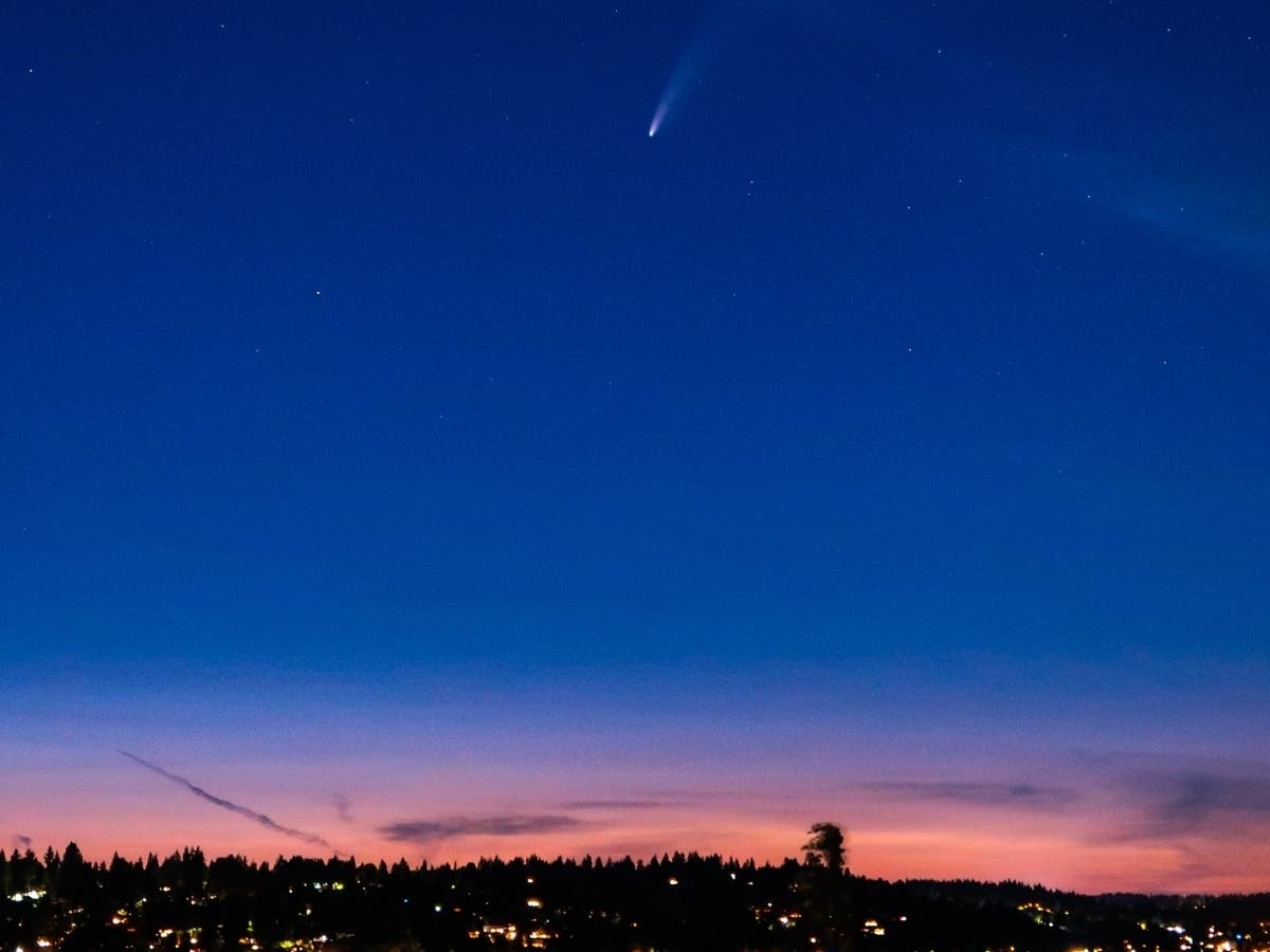 The comet Neowise is captured from the roof of the National Weather Service's Seattle office on Wednesday, July 15, 2020.