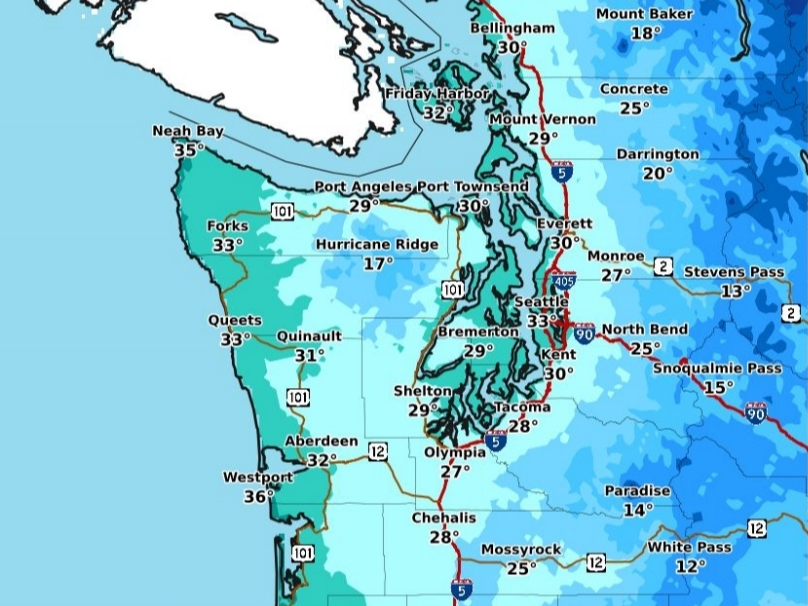 Morning lows are forecast to drop near or below the freezing point across Puget Sound by Sunday.
