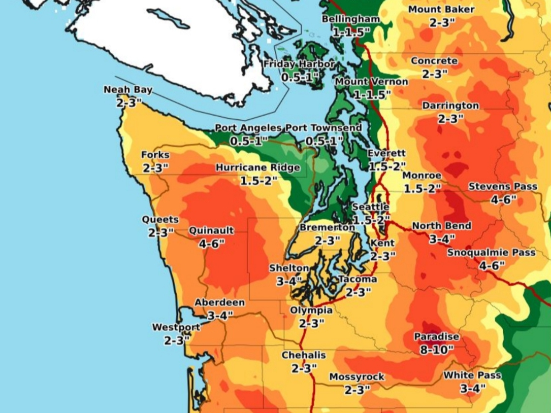 Between two and three inches of rain could fall around Seattle and Tacoma between Thursday and Friday night, according to the latest forecasts.