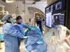 From left: Dr. Rachel Spallone, cardiothoracic surgeon, Dr. Azeem Latib, Director of the Montefiore Structural Heart Program at White Plains Hospital, perform first Transcatheter Aortic Valve Replacement (TAVR) procedure at White Plains Hospital.