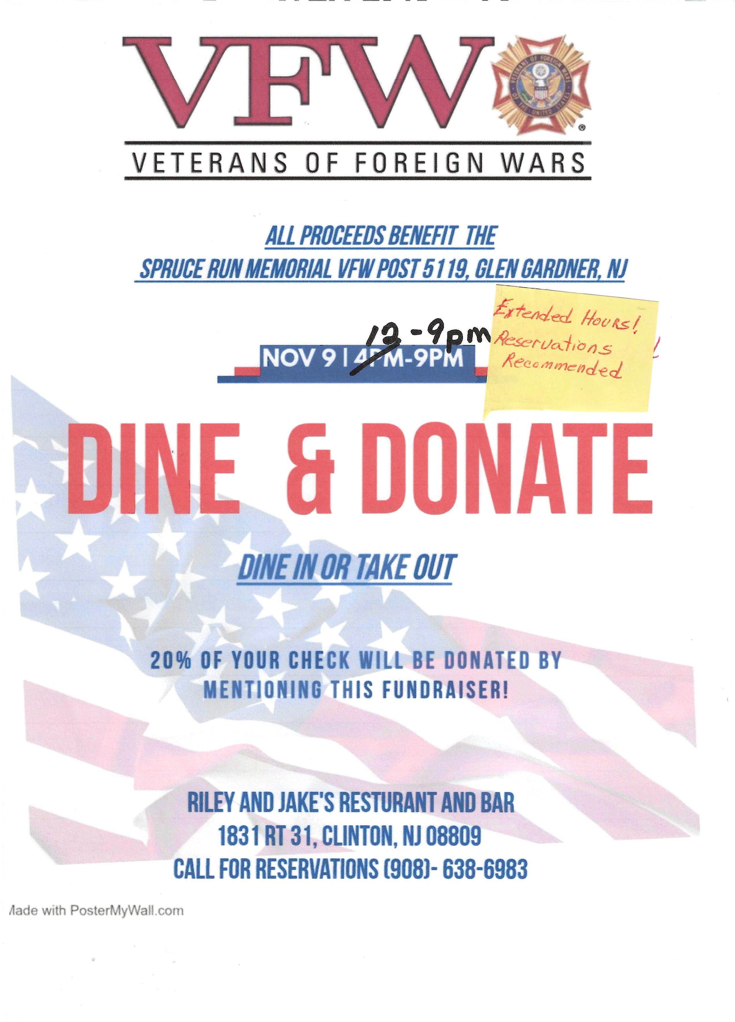 Spruce Run Memorial VFW Dine & Donate at Riley & Jake’s