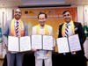 Dr. Hong, center, Senator Darrell Allahar, left, and Senator Taurel Shrikissoon jointly endorsed the Declaration of Transparency and Integrity.
