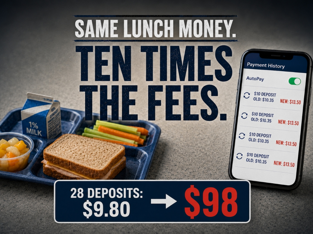 Under Fairfield Public Schools’ new flat-fee system, 28 automatic $10.35 lunch-account deposits would incur $98 in processing fees. The same payment pattern cost under $10 under the previous percentage-based system.