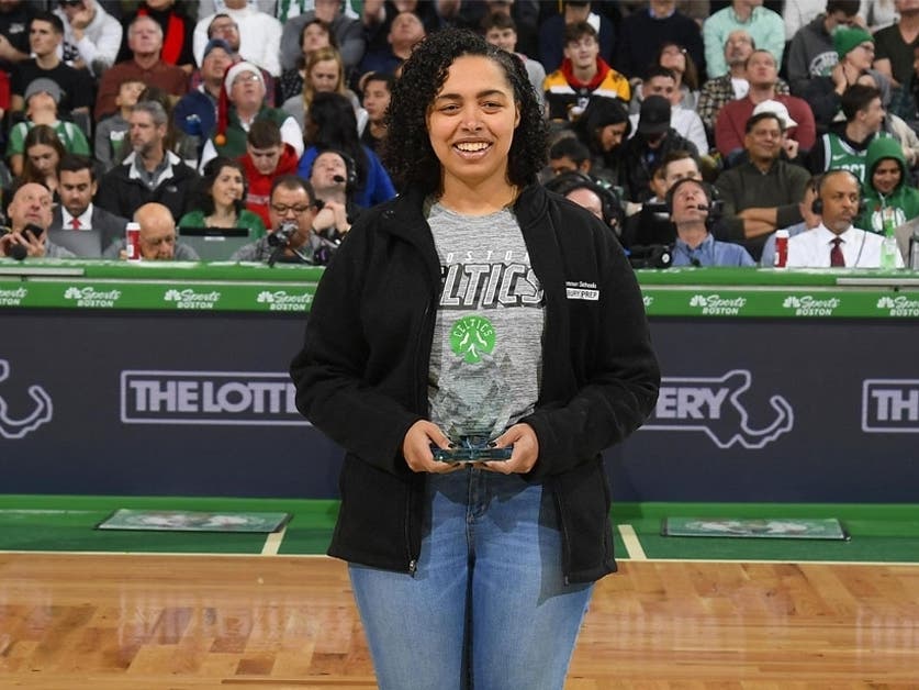 Roxbury Prep High School Principal Titciana Barros was recognized by the Boston Celtics as a "Hero Among Us."