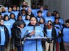 Roxbury Prep Principal Titciana Barros speaks during a rally at City Hall in Boston.