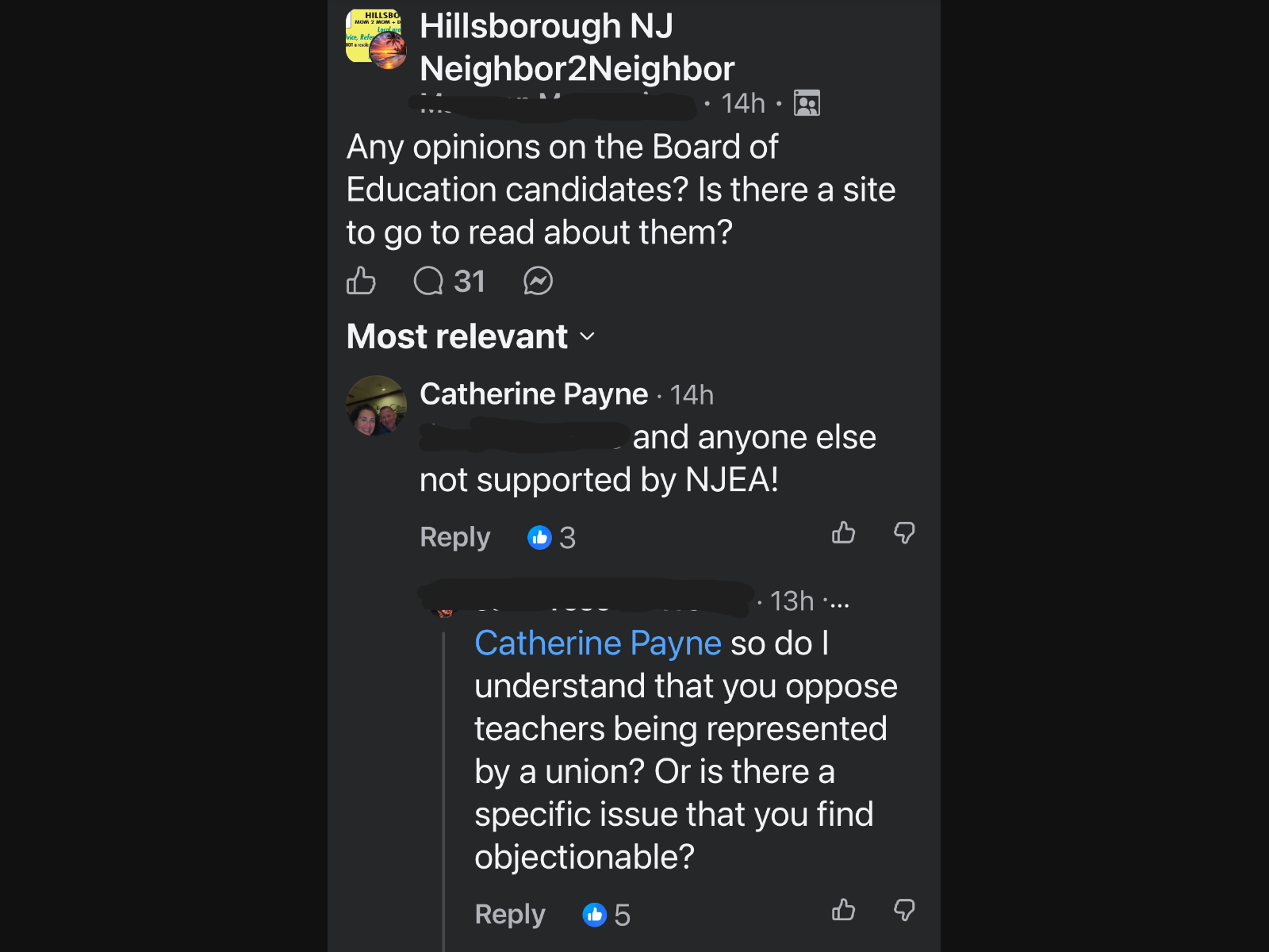 Hillsborough Mayor Catherine Payne promoting a local board of education candidate in a public Facebook forum while denouncing the teachers' union.