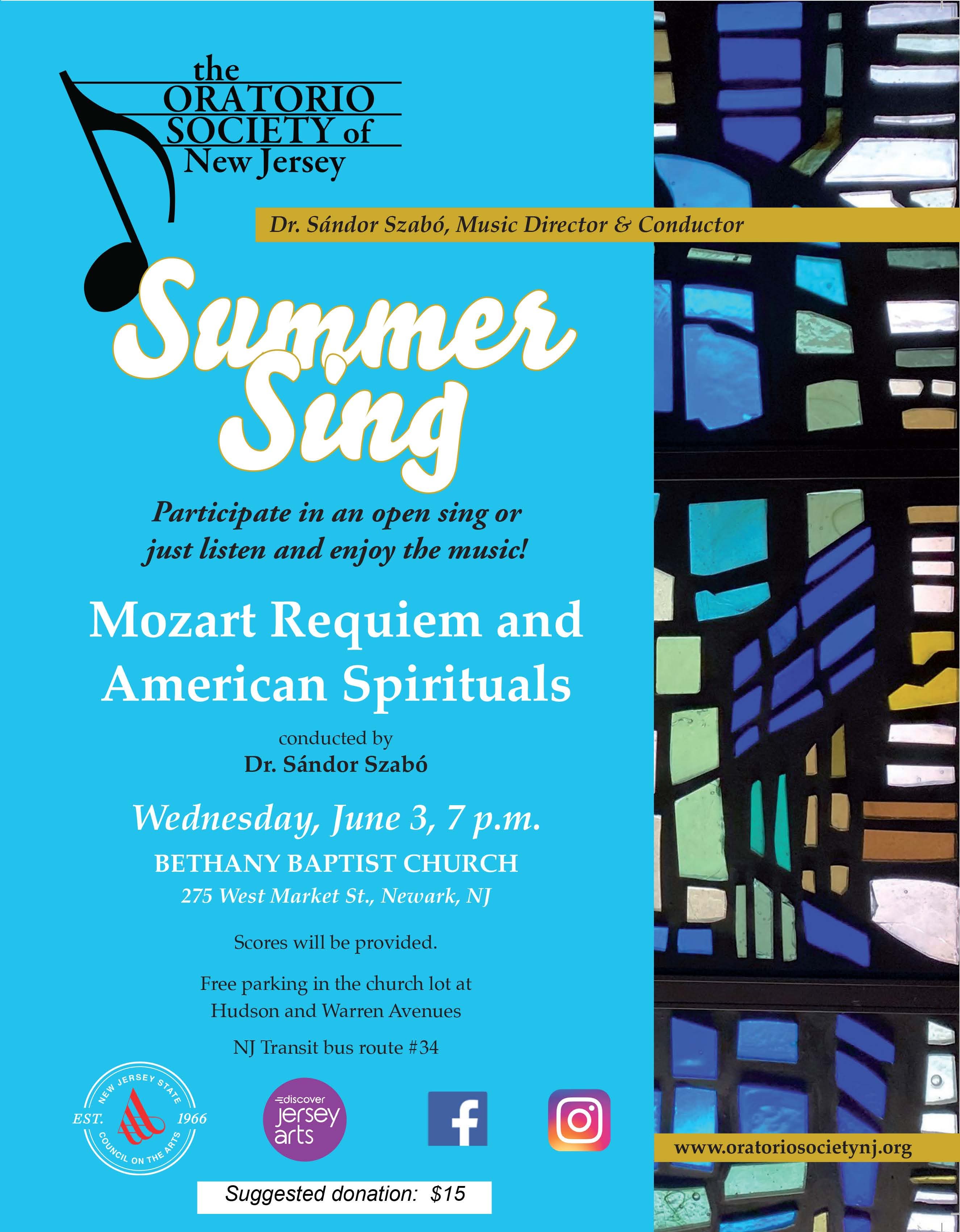 Oratorio Society of NJ Hosts Summer Sing – Mozart Requiem and American Spirituals!