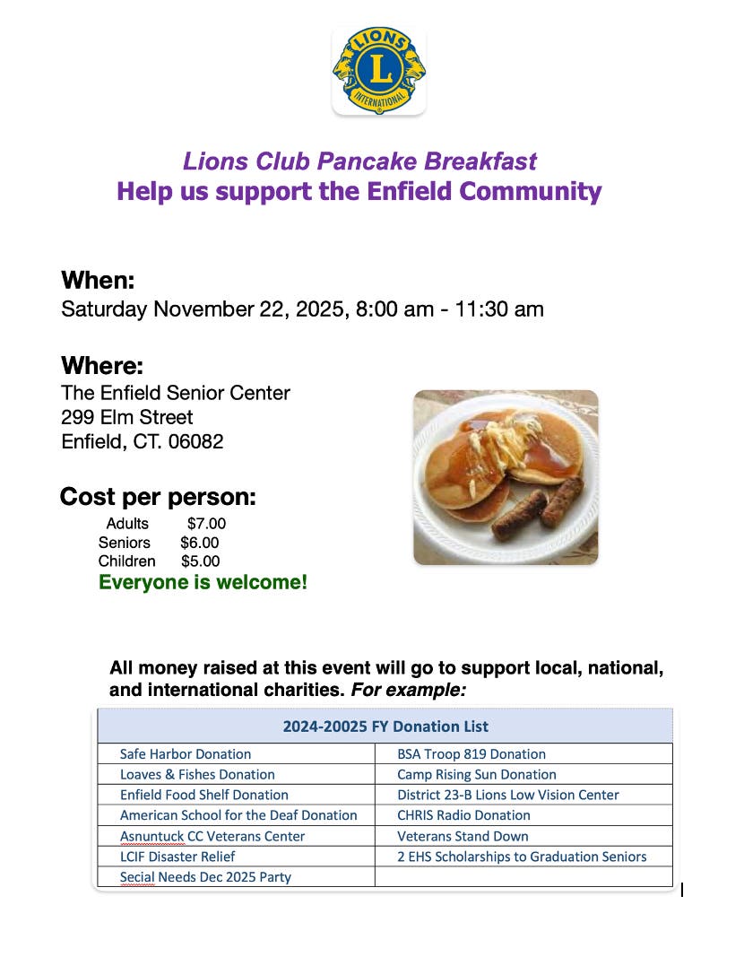 Enfield Lions Pancake Breakfast together with the Senior Center Holiday Craft Fair
