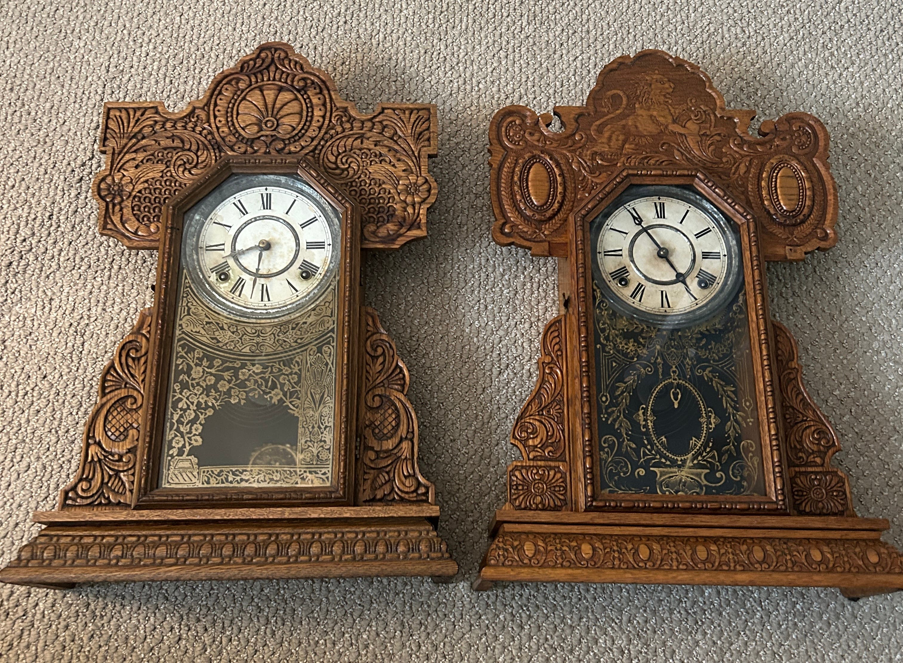 Antique Ingraham Gingerbread Clocks Carved Oak