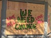 A handful of businesses in downtown Pleasanton was boarded up, but the community left behind messages encouraging activism and peace.