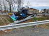 A dump truck ran off the road at the corner of Route 29 and Vint Hill Road Wednesday morning and collided with a light pool.
