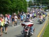 Pro-police demonstrators march from downtown Fredericksburg to the city's police department on Cowan Boulevard, with bikers serving as escorts.