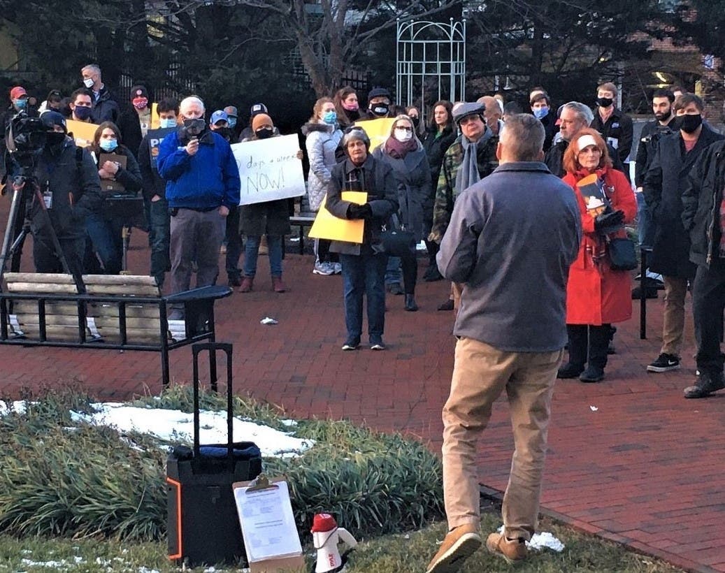 Del. Kirk Cox (R), a former Virginia House Speaker who is running for governor, speaks to parents in Leesburg Monday evening about the need to reopen classrooms immediately.