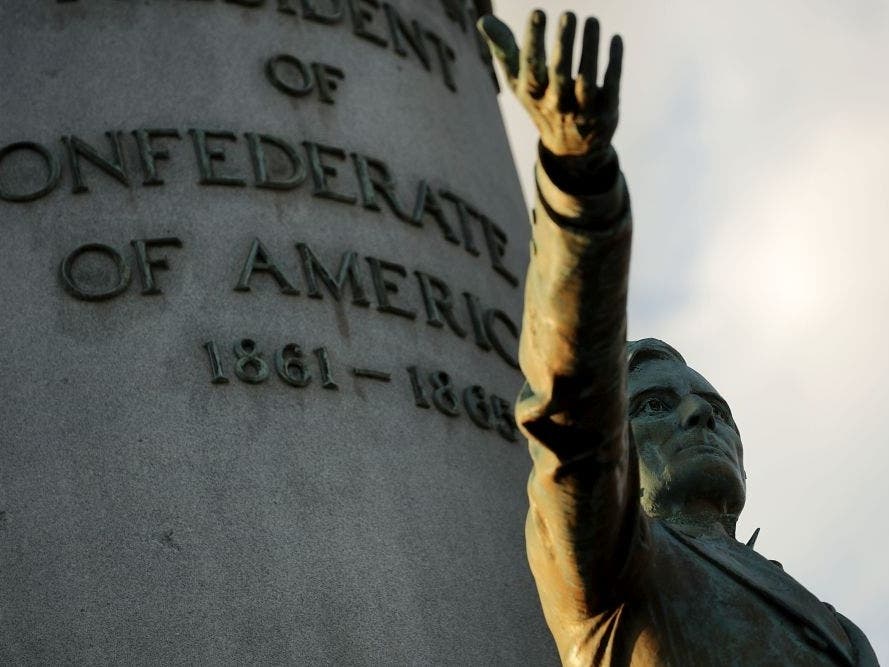 A statue of Confederate President Jefferson Davis formerly stood in the middle of Monument Avenue in Richmond. It was torn down by protesters in June 2020.