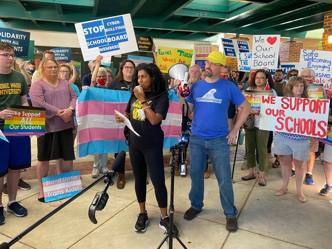 Sujatha Hampton, chair of the education committee for the Fairfax NAACP, spoke at a rally Thursday night outside a Fairfax County School Board meeting where she denounced groups opposed to the modernization of school curriculums.