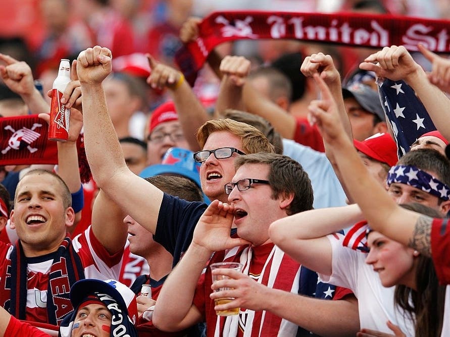 USA fans cheer during a game against Brazil at an international friendly at FedExField on May 30, 2012, in Landover, Maryland. FedExField could host games in the 2026 men's FIFA World Cup.