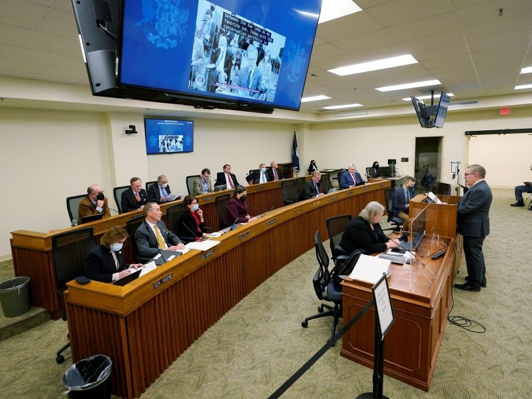 Former EPA Administrator Andrew Wheeler (right), nominated by Gov. Glenn Youngkin to be the Secretary of Natural and Historic Resources, testifies before a Virginia Senate committee in January.