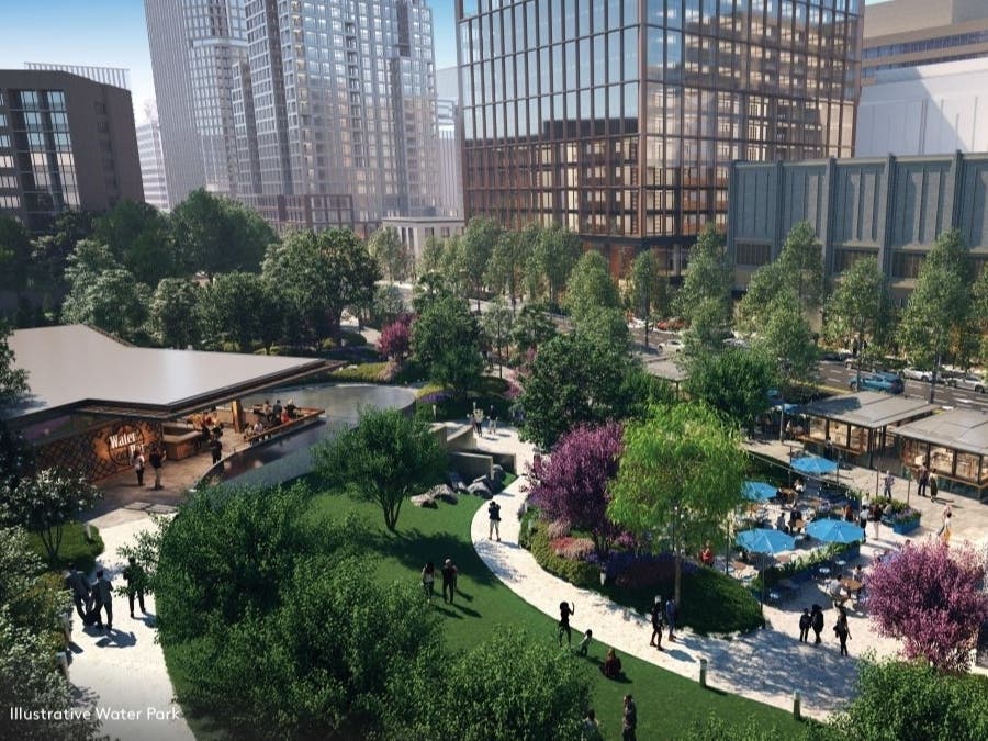Rendering of JBG Smith's plans to convert Water Park at 1601 Crystal Drive into a 1.6-acre dining area with a focus on local businesses. Plans also call for JBG Smith to make significant landscape improvements.