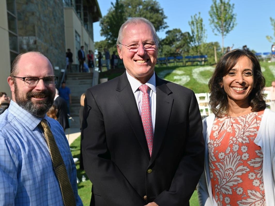 Head of School John Kowalik (center) with Potomac’s 2022 Bill Cook Excellent Teaching Award recipients, Nick Hanson and Shefali Sardar.