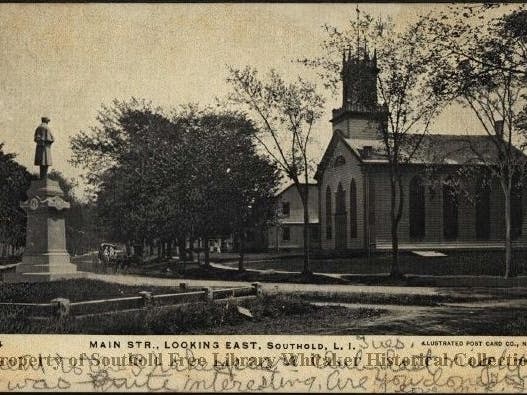 UNDATED postcard from MY COLLECTION - Civil War Monument in-front of American Legion Griswold Terry Glover Post 803 {left} & Southold First Universalist Church (right).