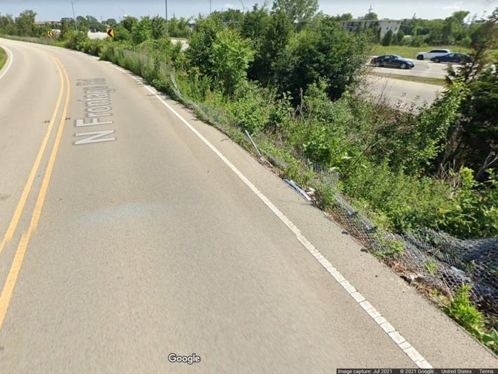 A July 2021 Google Maps photo showed the fence down on a stretch of North Frontage Road in the area where the Sept. 27 fatal motorcycle accident happened. 