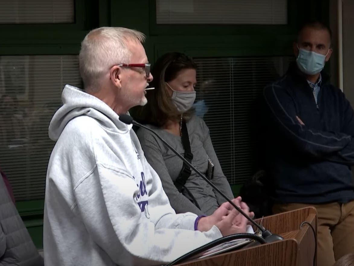 In this screenshot of a video, William See is seen speaking at the Nov. 15 meeting of the Lyons Township High School board meeting. He challenged the mask mandate. 