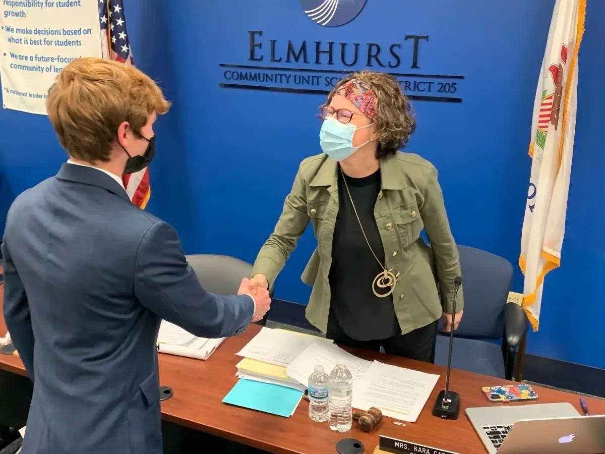 Kara Caforio, president of the Elmhurst School District 205 board, said Tuesday that the district has received five complaints involving "five named individuals." She is pictured here at a meeting earlier this year.
