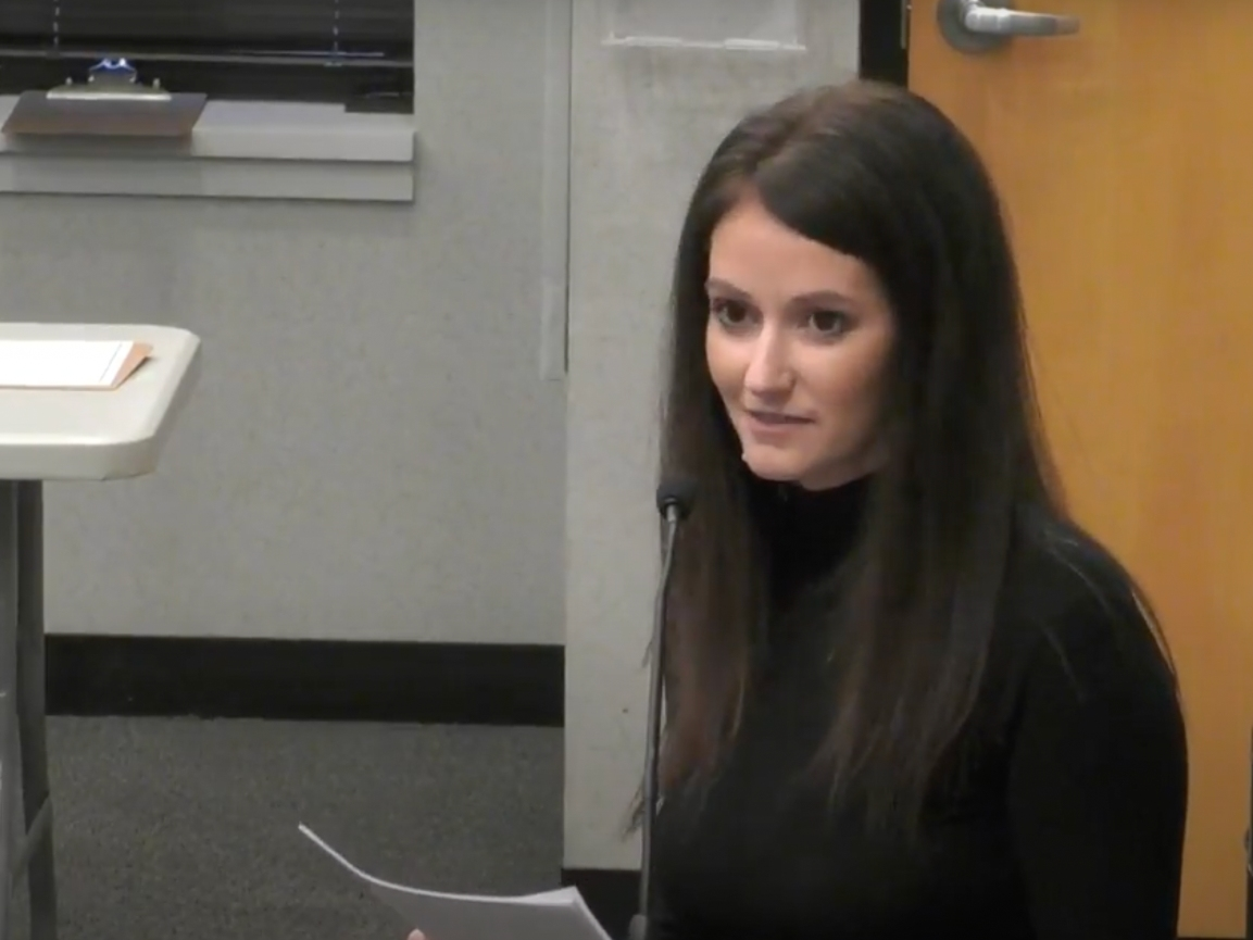 Elmhurst resident Gina Lauber is seen in this screenshot of a city video expressing her concerns to aldermen about a home construction project on South Cottage Hill Avenue. 