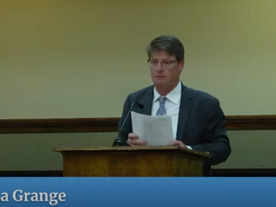 Dan Stanner, a lawyer for the village of La Grange, speaks about the arguments against the Hanson Aggregates quarry in McCook. He appears in a screenshot of a Village Board meeting video. 