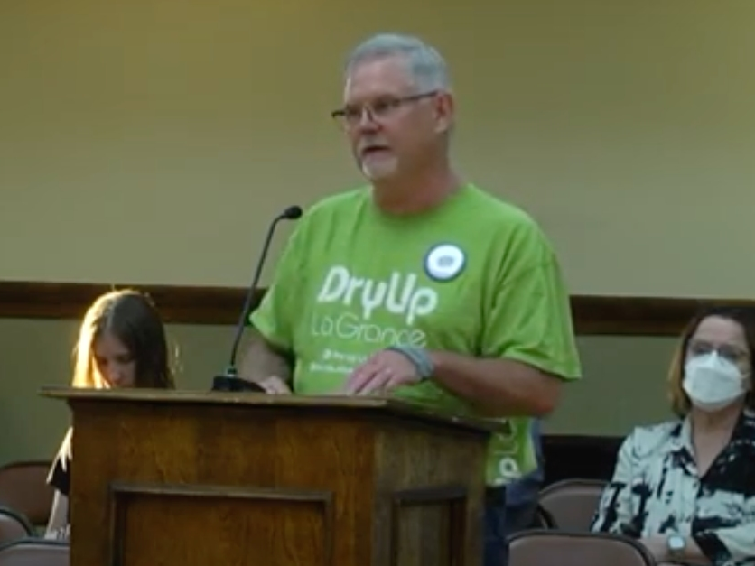 Glenn Thompson, a co-founder of Dry Up La Grange, speaks Monday at the La Grange Village Board meeting. He appears here in a video screenshot. 