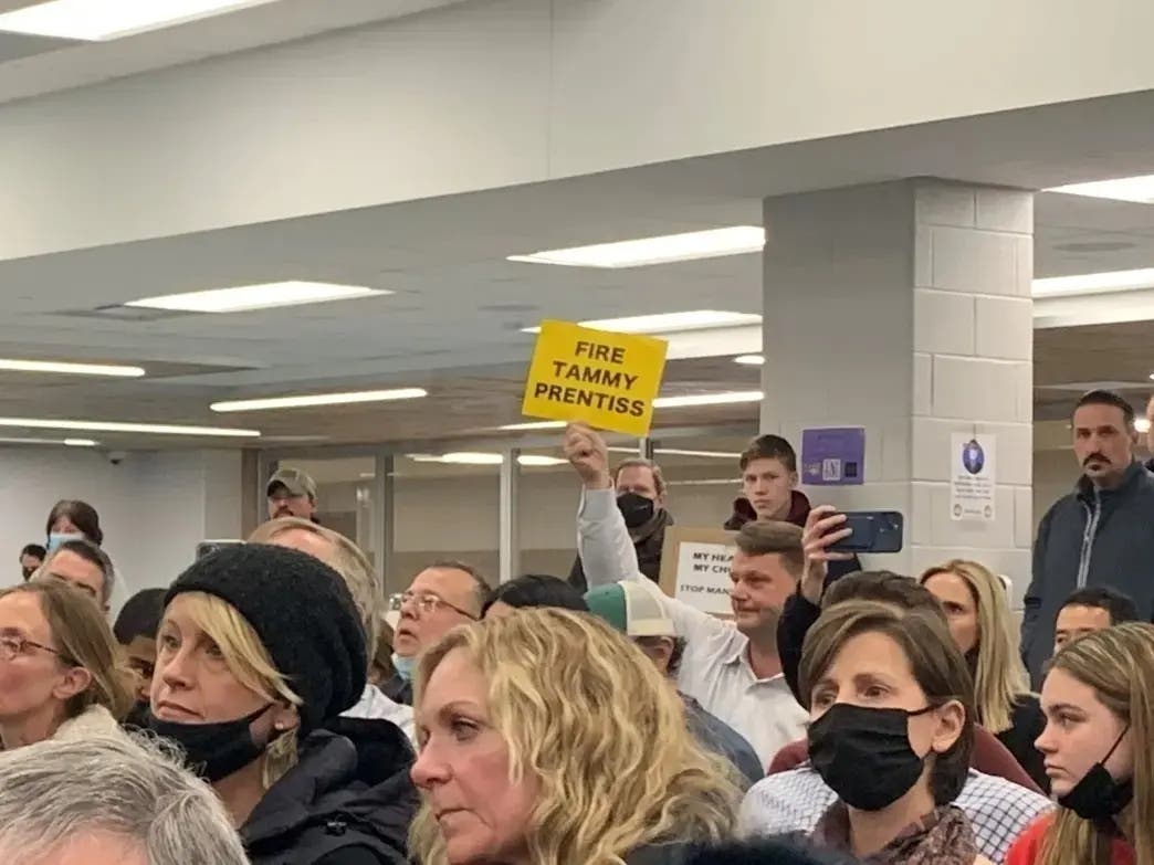 A crowd angry with Superintendent Tammy Prentiss in February 2022 called for her ouster. Residents were upset over controversies involving an anti-racist consultant and masks. 
