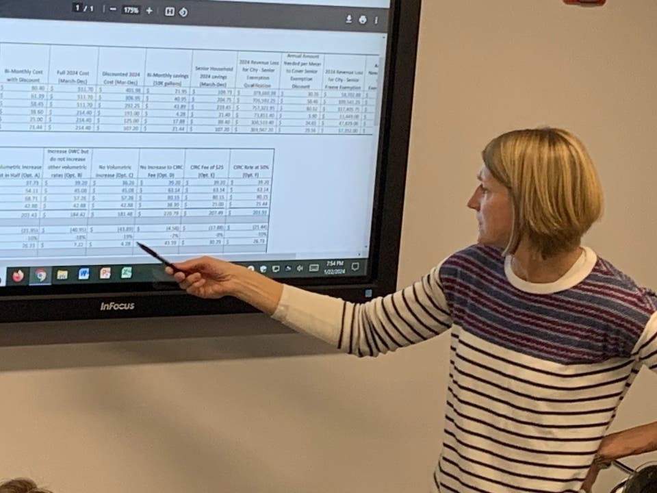 Elmhurst Alderwoman Noel Talluto, chairwoman of the City Council's Finance Committee, points to numbers Monday as she discuses a water rate increase.