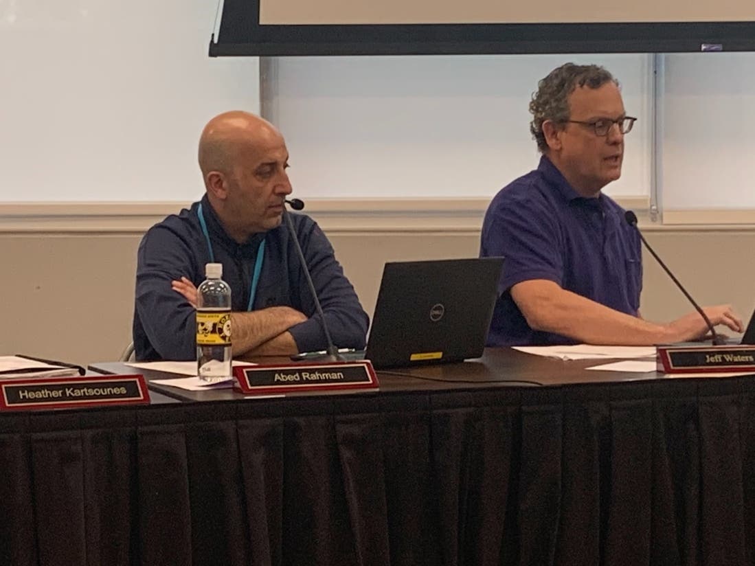 Jeff Waters (right), a member of the Hinsdale High School District 86 board, said Thursday the administration "totally disregarded" a board directive. Member Abed Rahman (left) said he had full faith in administrators on the issue. 