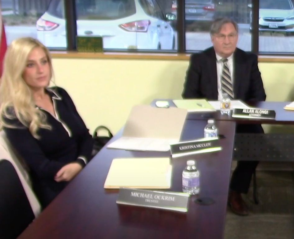 Kristina McCloy was appointed to the Downers Grove Township board last fall. She appears here in a March township meeting video. Next to her is the township's attorney, Allan Alongi. 