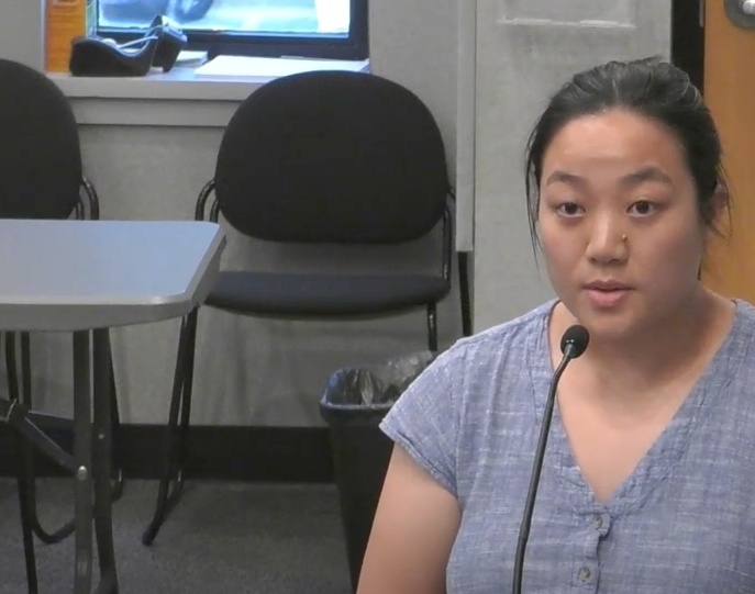 Elmhurst resident Christie Ainge speaks Monday about the need for more affordable housing in town. It was part of the debate over merging two lots to allow the demolition of a historic house to make way for a new one. 