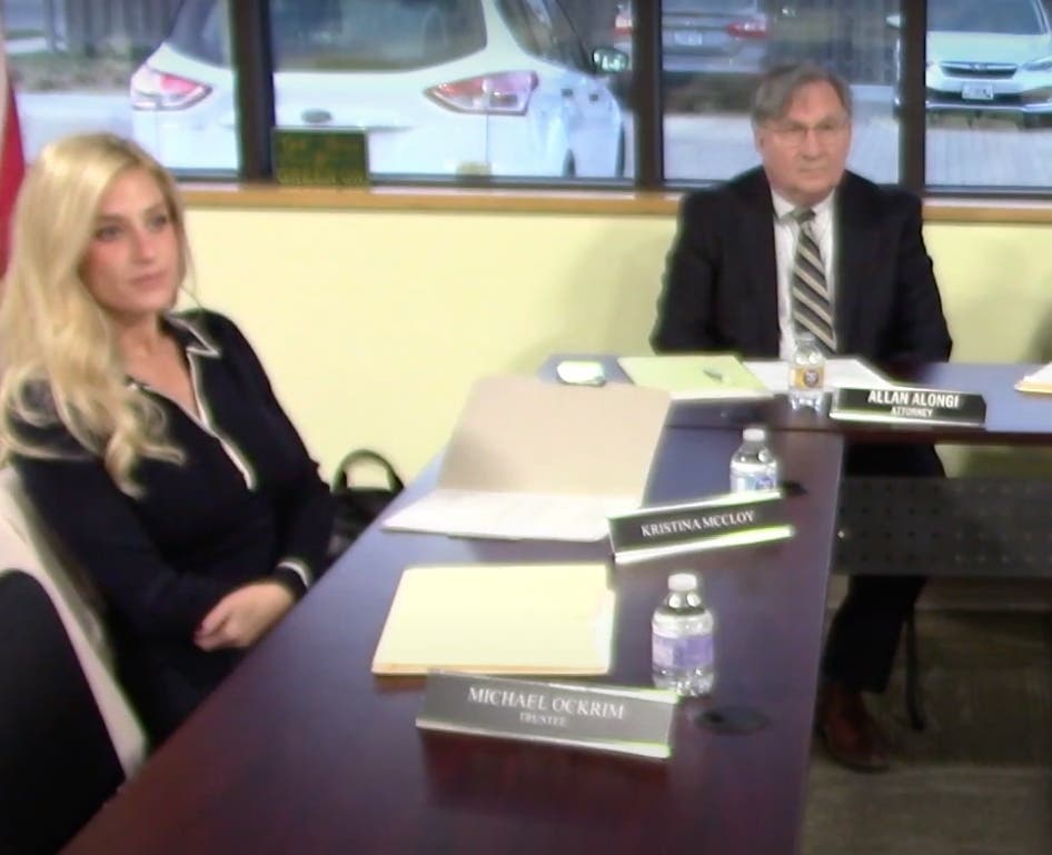 Kristina McCloy was appointed to the Downers Grove Township board last fall. She appears here in a March township meeting video. Next to her is the township's attorney, Allan Alongi.
