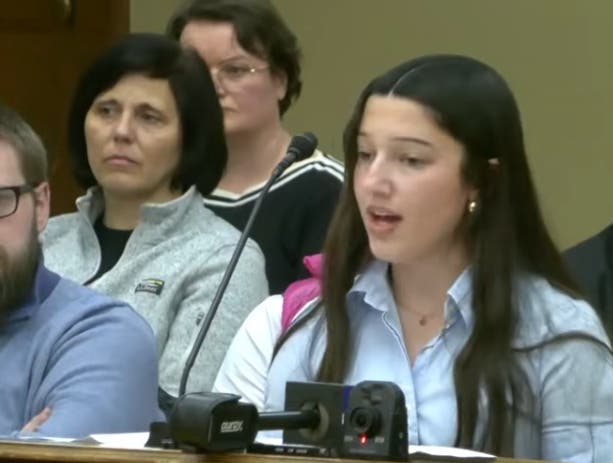 Taylor Hoffenberg, a Lyons Township High School student, speaks Tuesday in favor of restrictions on ICE in La Grange. Most other speakers agreed. 