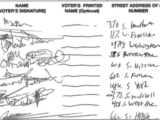 None of the signatures on four pages of Mark Mulliner's petition for Elmhurst mayor were legible. That was not the case on the other 68 pages. Lawrence Moretti, a Republican committeeman from Addison Township, gathered the signatures on the four pages. 