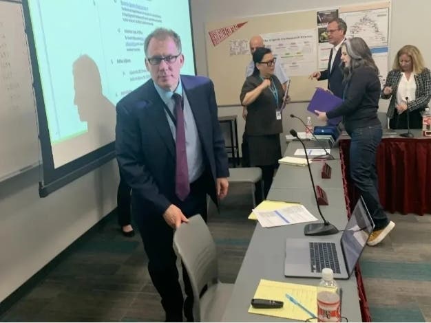 Michael Lach, superintendent for Hinsdale High School District 86, is at a board meeting in early May 2025. He is retiring June 30. 