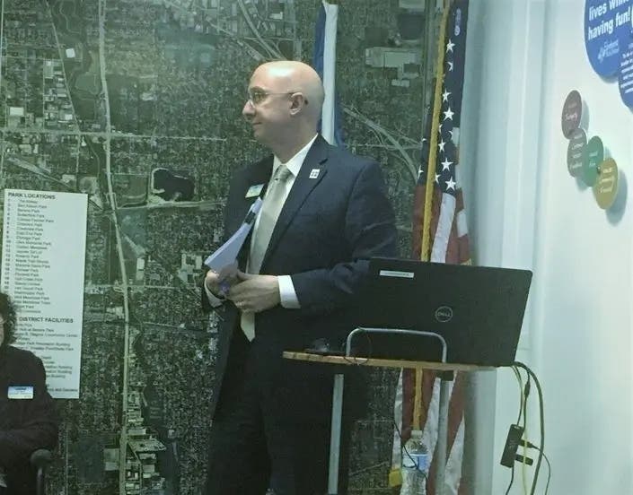 Jim Rogers, the Elmhurst Park District's executive director, speaks to the park board in 2020. He took the helm in 2012. 