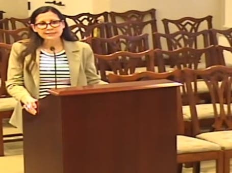 Elise MacCarroll-Wright, chief executive of Hinsdale Hospital, tells the Village Board on Tuesday that a turnaround for the better has taken place since last year.