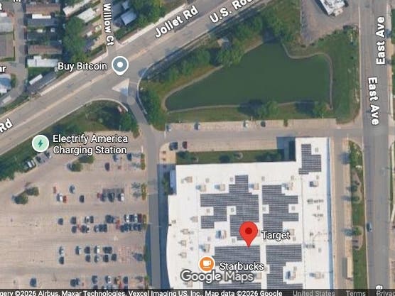 John Pisano Jr.'s body was found in a retention pond just north of Hodgkins' Target, shown in this Google Maps satellite photo.