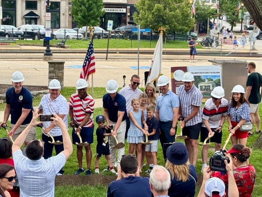 Officials take part on the Fourth of July in a groundbreaking event for downtown Hinsdale's planned pavilion.