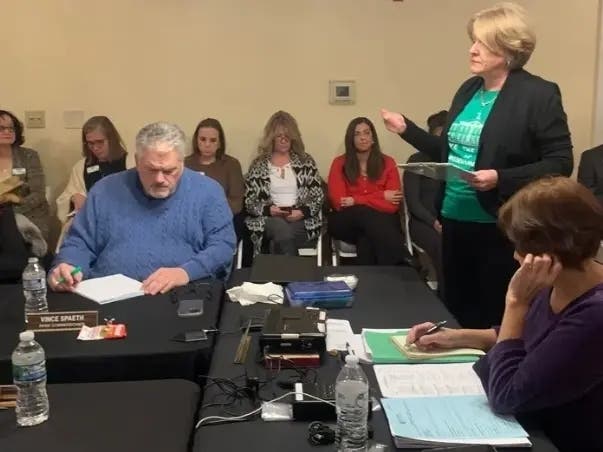 Elmhurst resident Andrea Hutchinson speaks to the park board in January. She recently submitted a petition that she expected would trigger an advisory referendum on the Wildar Park bandshell.