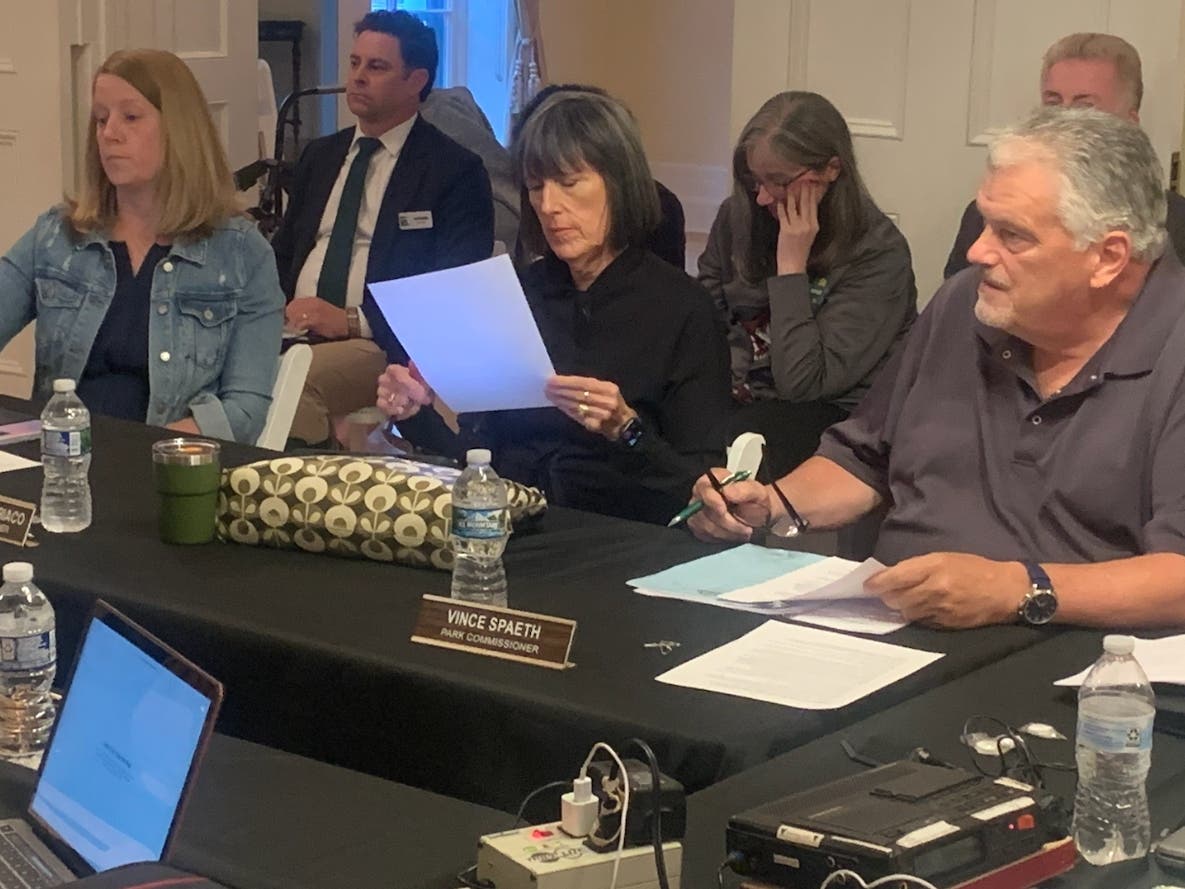 Elmhurst park board members Meghan Scarsella (left), Carolyn Ubriaco and Vince Spaeth attend a board meeting Monday. The board debated whether to approve a citizen petition to place a question on the ballot.