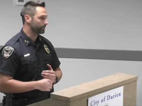 Darien Deputy Police Chief Austin Jump, who is starting as chief in November, speaks to the City Council on Tuesday. 