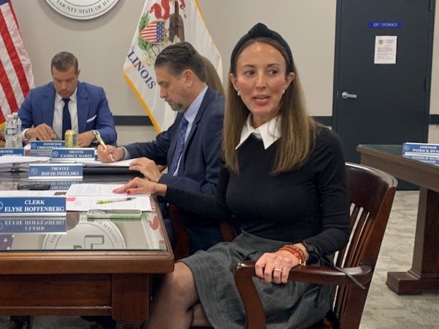 Lyons Township Elyse Hoffenberg speaks at last week's township board meeting. At the end of the table is Supervisor Christopher Getty.